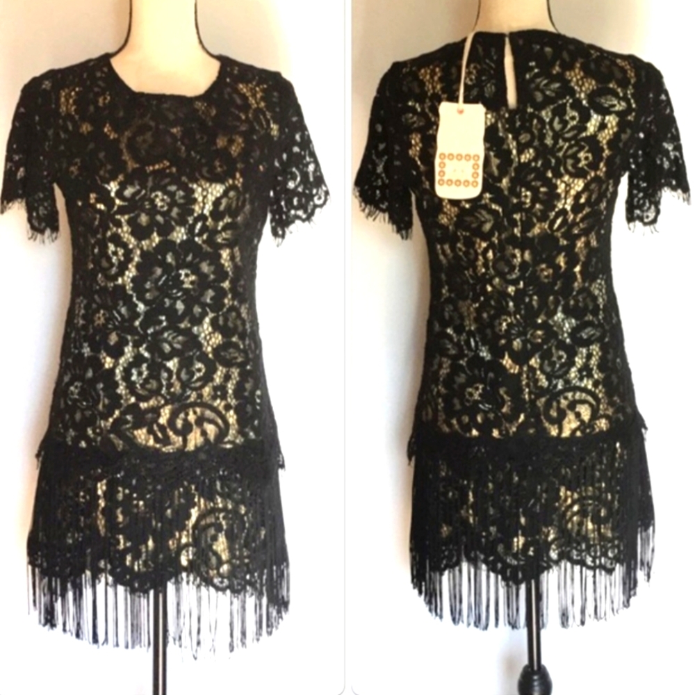 1920s Flapper Fringe Floral Lace Dress - Chelsea & Violet LBD NYE
